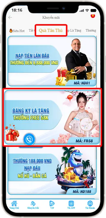 Bước 2: Chọn Quà Tân Thủ » Chọn mã khuyến mãi "FR58"